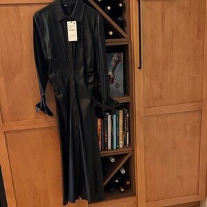 Zara Black Faux Leather snap Front Long flare shirt dress